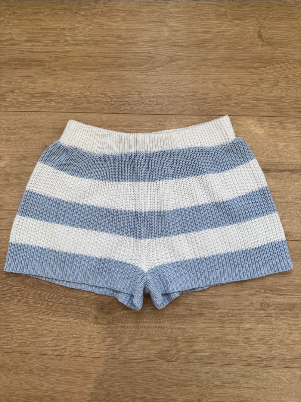 Sincerly Jules Blue and White Striped Knit High-Waist Shorts